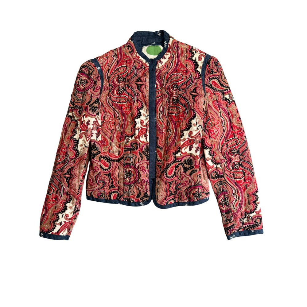 Anthropologie Paisley Quilted Jacket Womens XSP Red Blue Boho Artsy Folk Blazer
